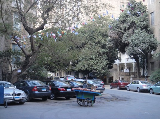 Sweet Potato Vendor under Peace Cranes in Cairo